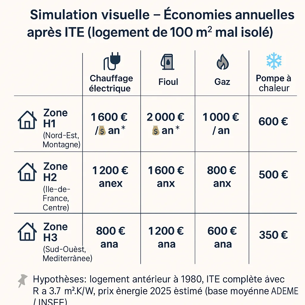 Simulation visuelle – Économies annuelles après ITE (logement de 100 m² mal isolé)